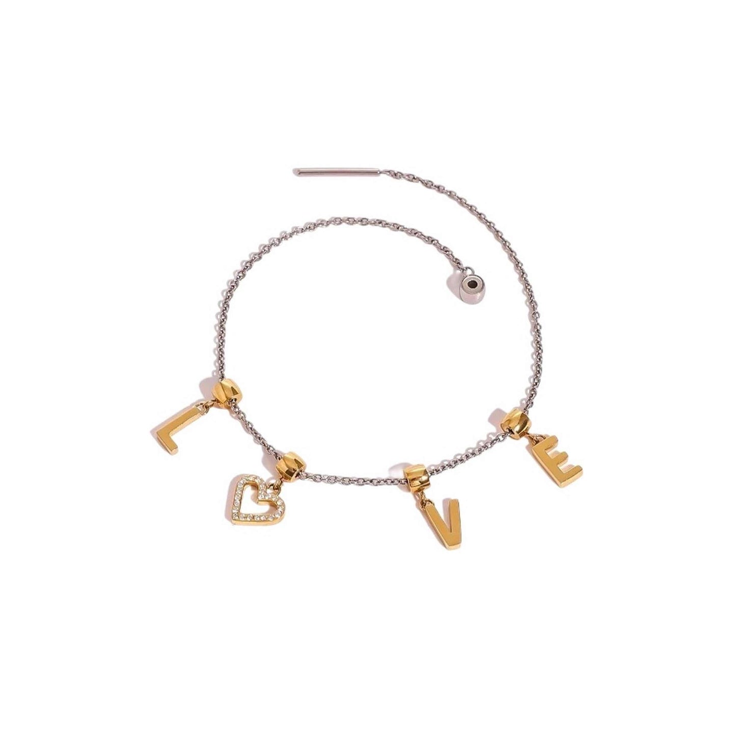 Mixed metal cable chain bracelet with sliding "L.O.V.E" charms and threaded closure.
