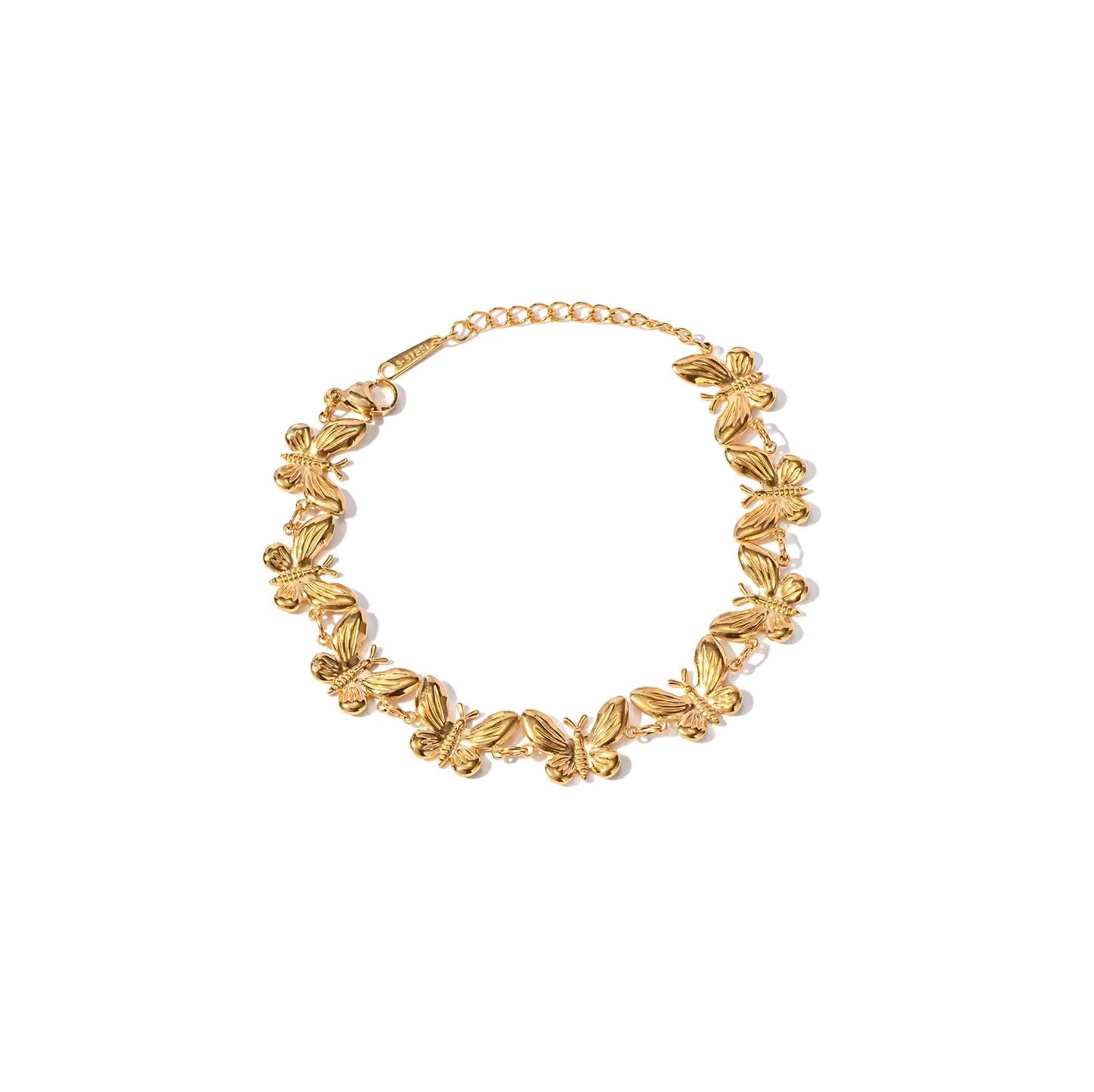 Gold butterfly bracelet with delicate butterfly charm design, 16.5cm chain length with 4cm extender.