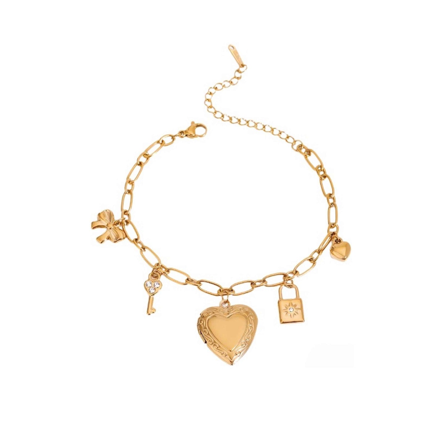gold bows lock and key charms bracelet