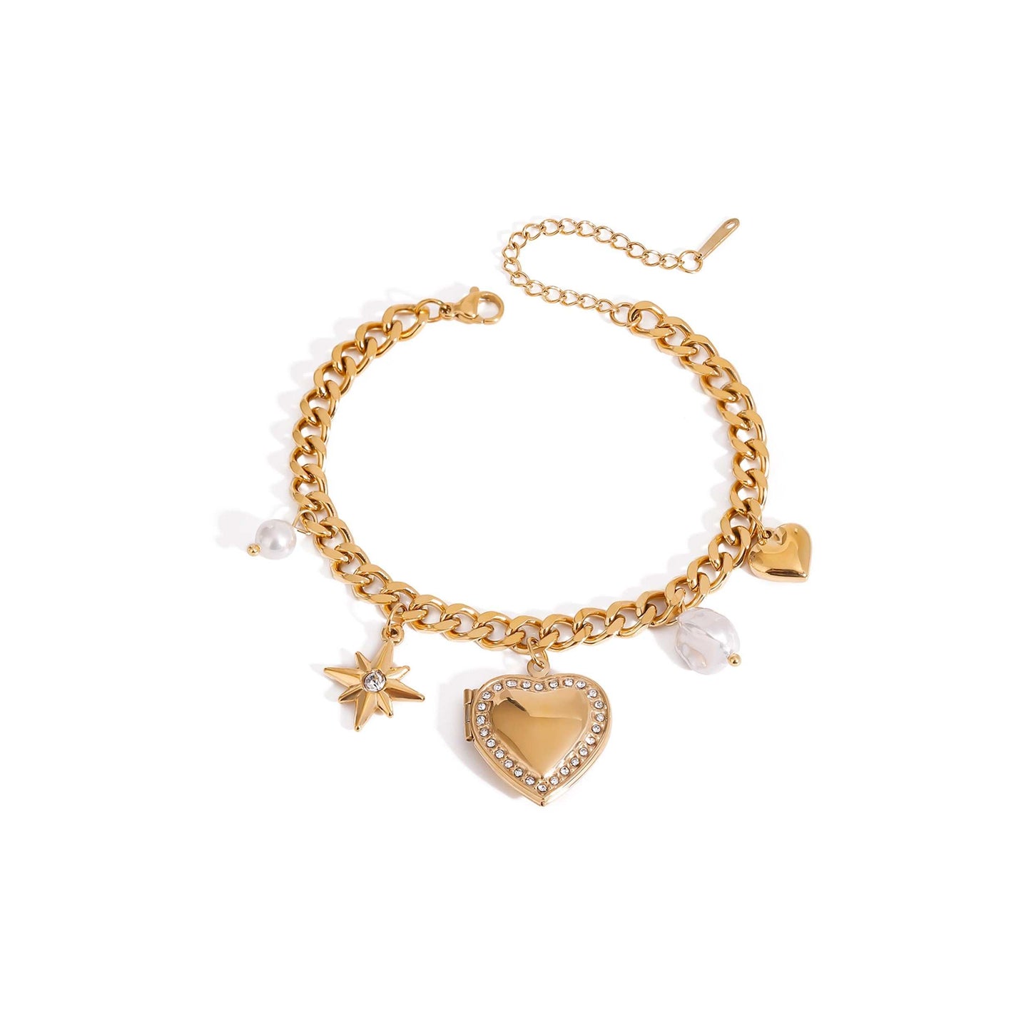 Gold North Star Heart Charm Bracelet with celestial and heart charms.
