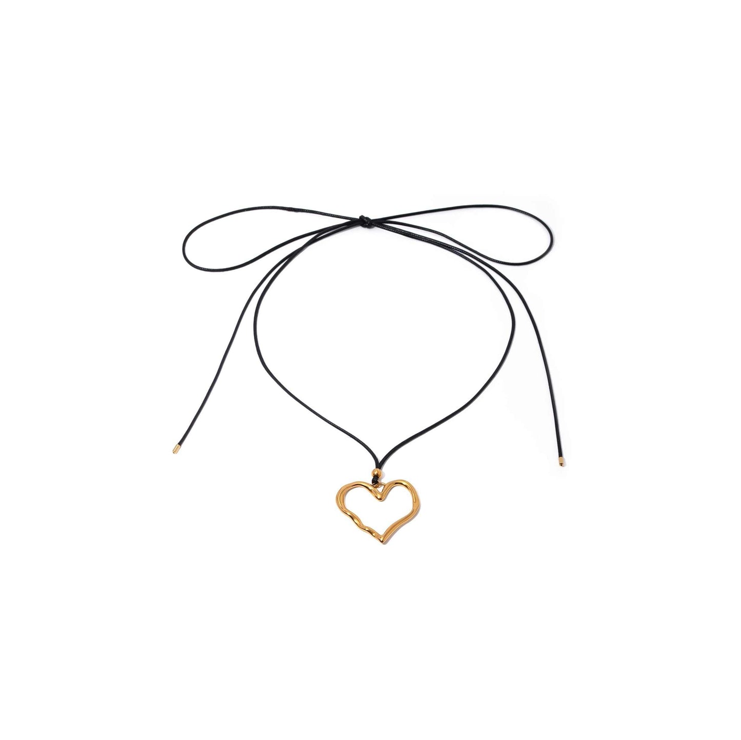 Gold heart pendant cord necklace with black cord and molten heart design.