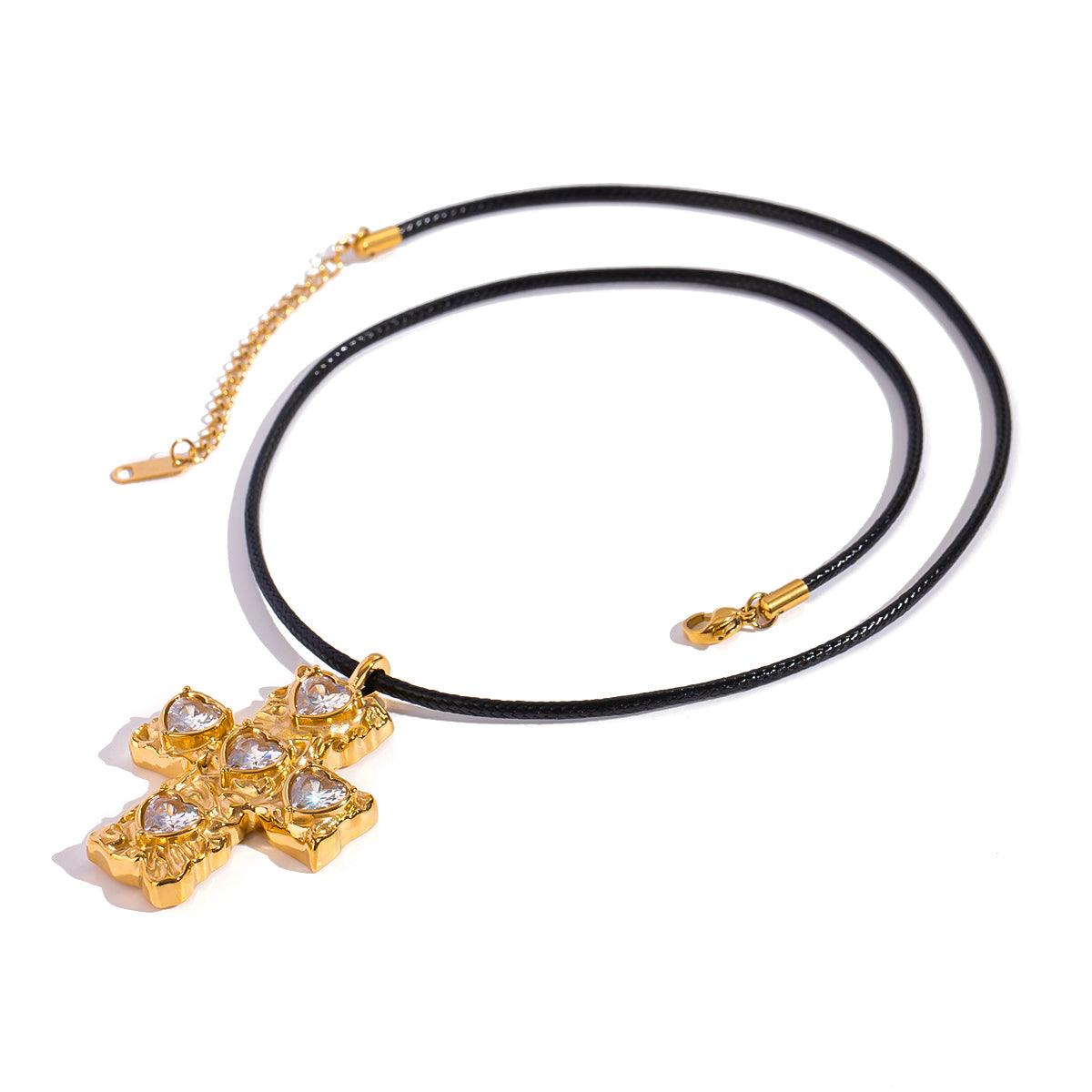 GOLD HAMMERED CROSS CORD NECKLACE