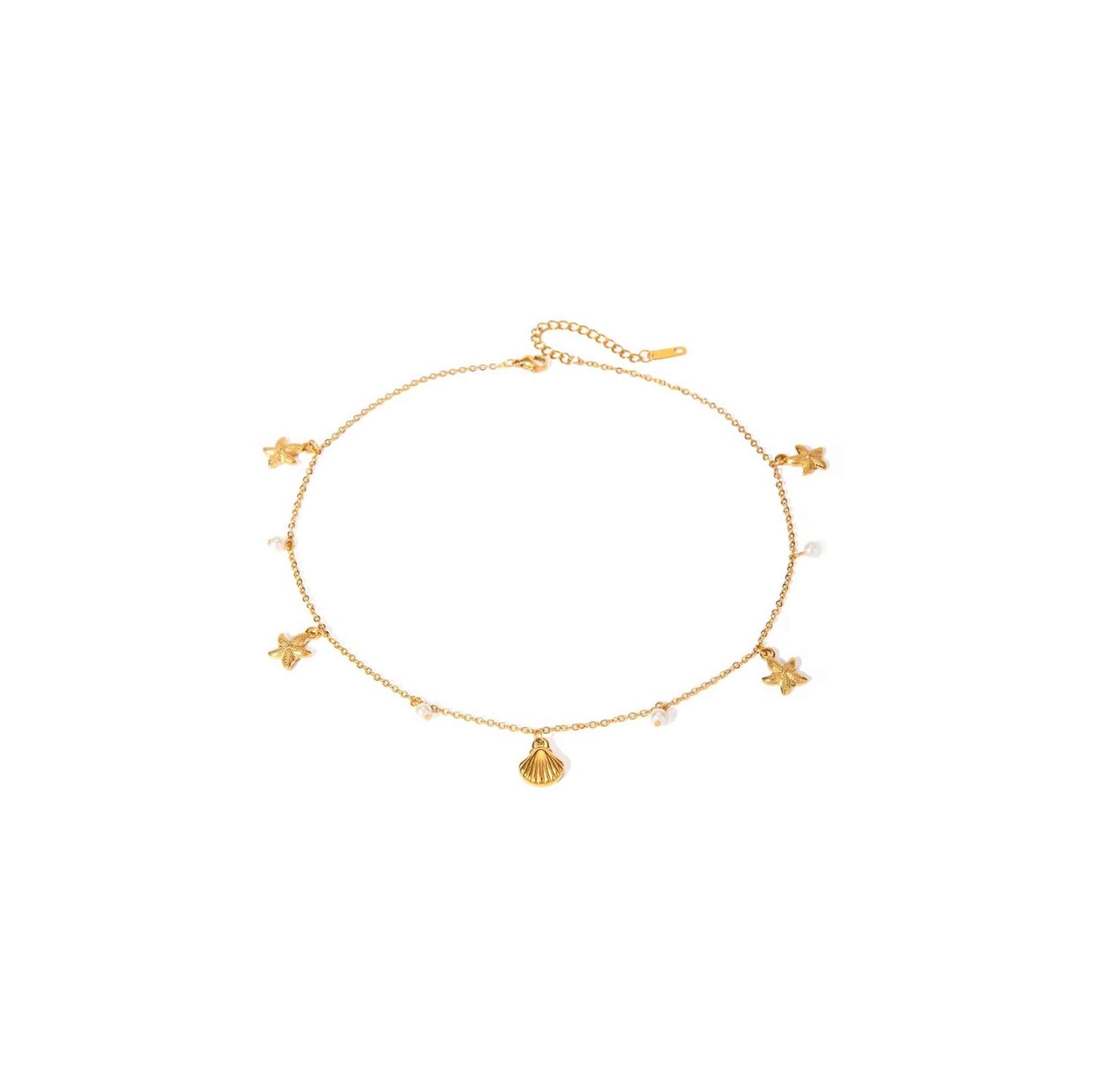 Gold seashell cable chain necklace with seashell and starfish charms.