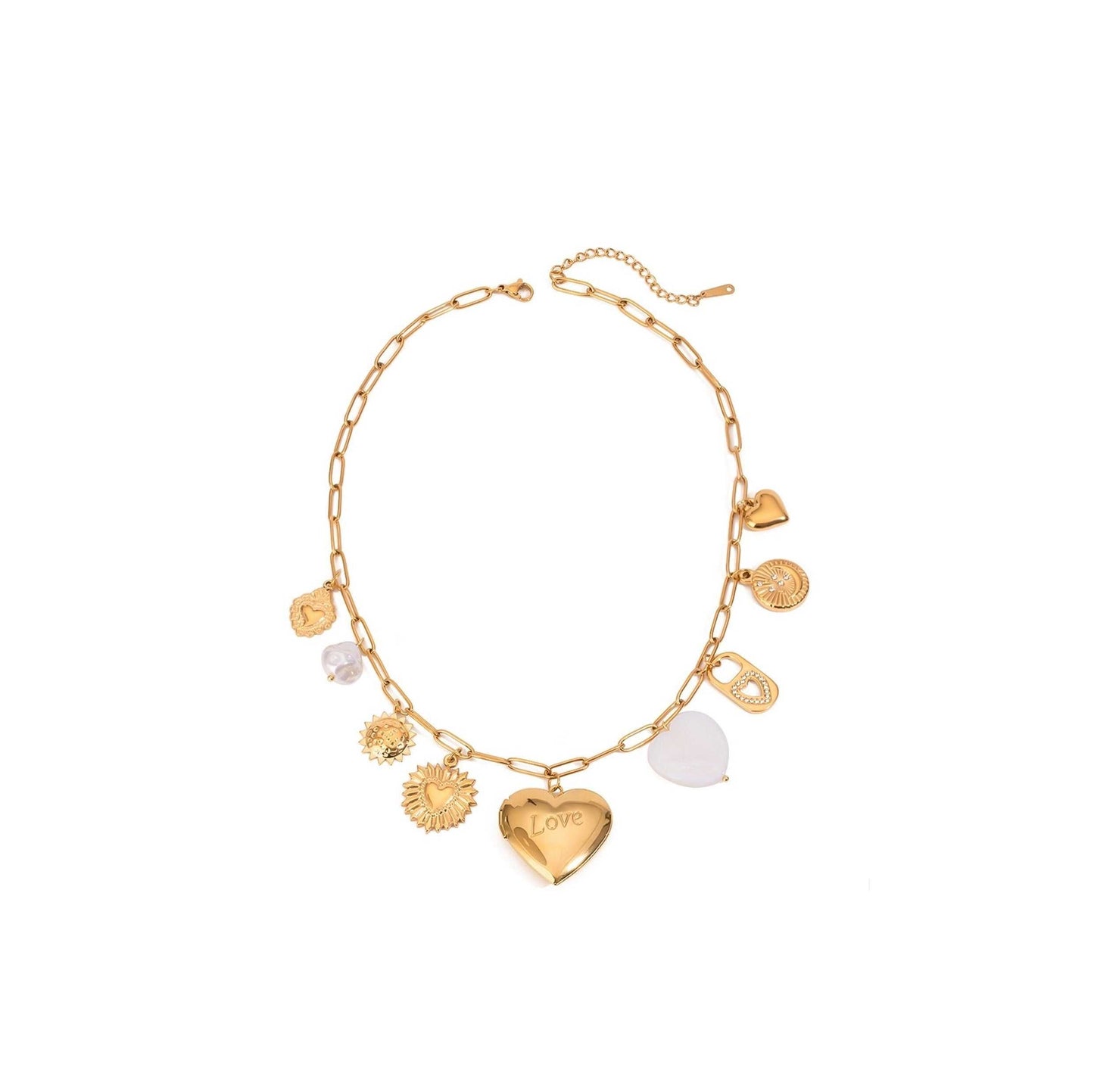 Gold pearl love lock link chain necklace with heart charms and playful design.