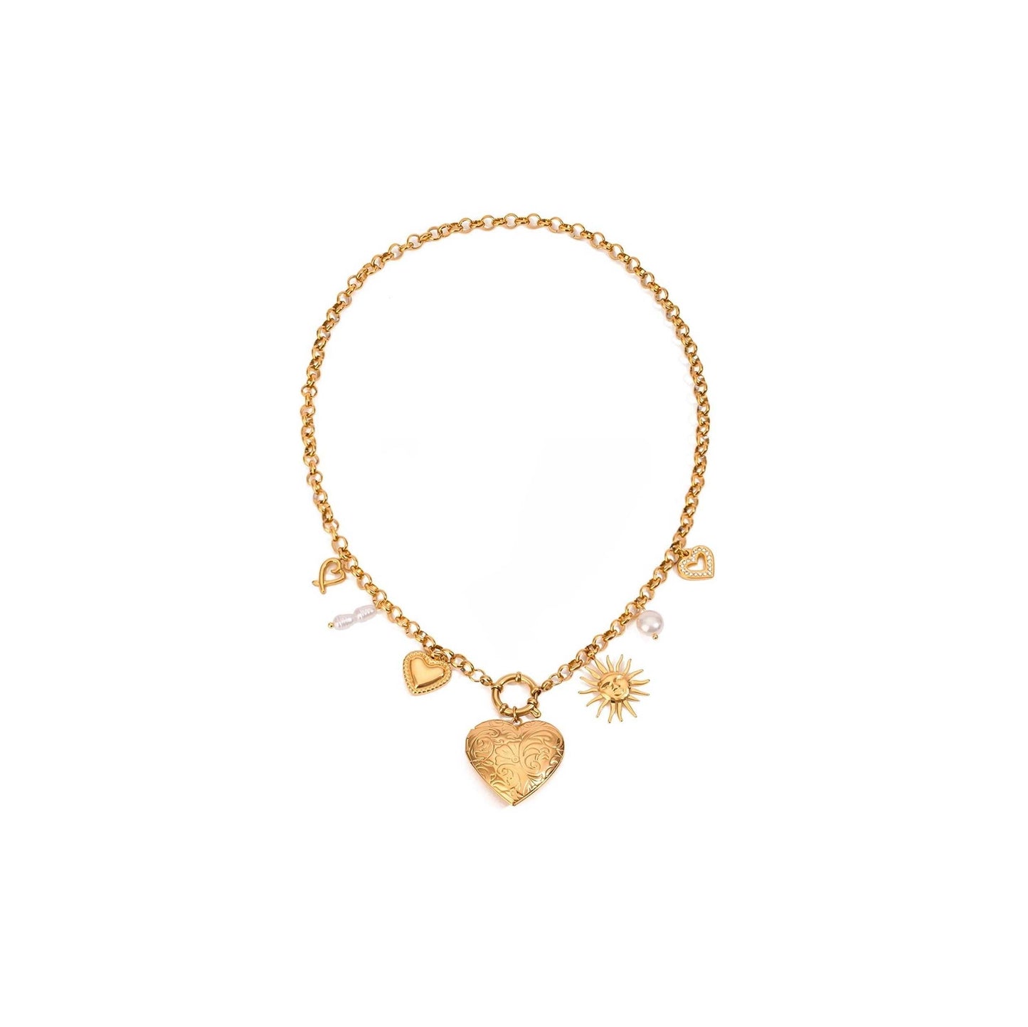 Gold Heart Sun Pearl Charm Necklace with rolo chain and charming pendants.