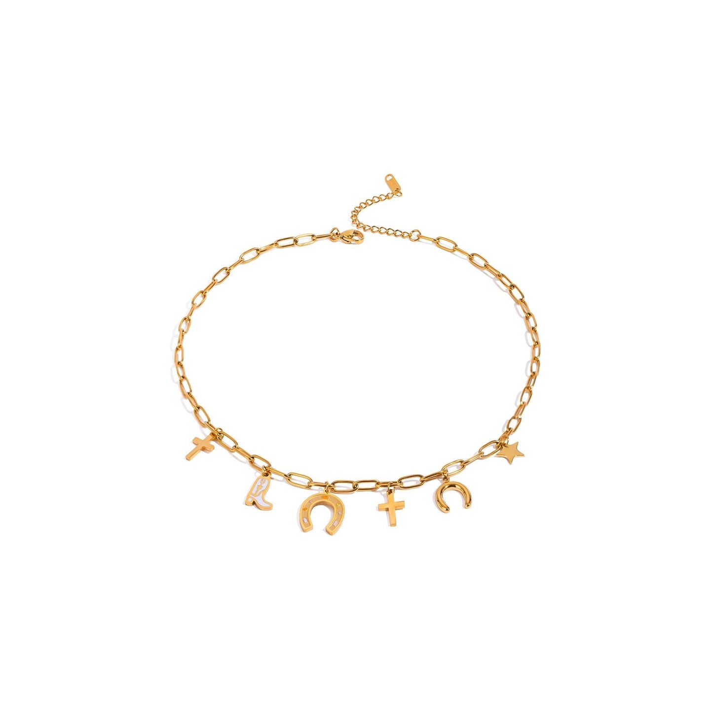 Gold Wild West link chain necklace with boot and horseshoe charms, stainless steel, 40cm chain length.
