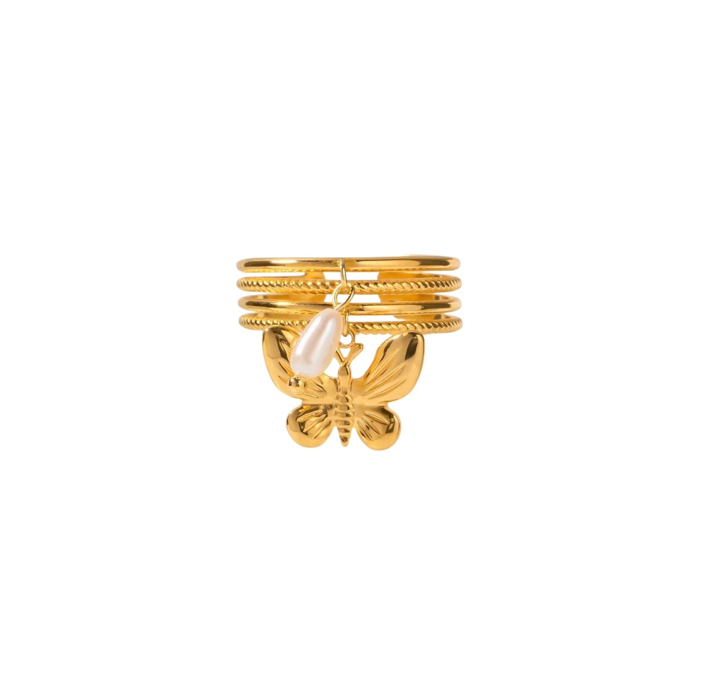 Gold butterfly charm ring with adjustable band for stacking.