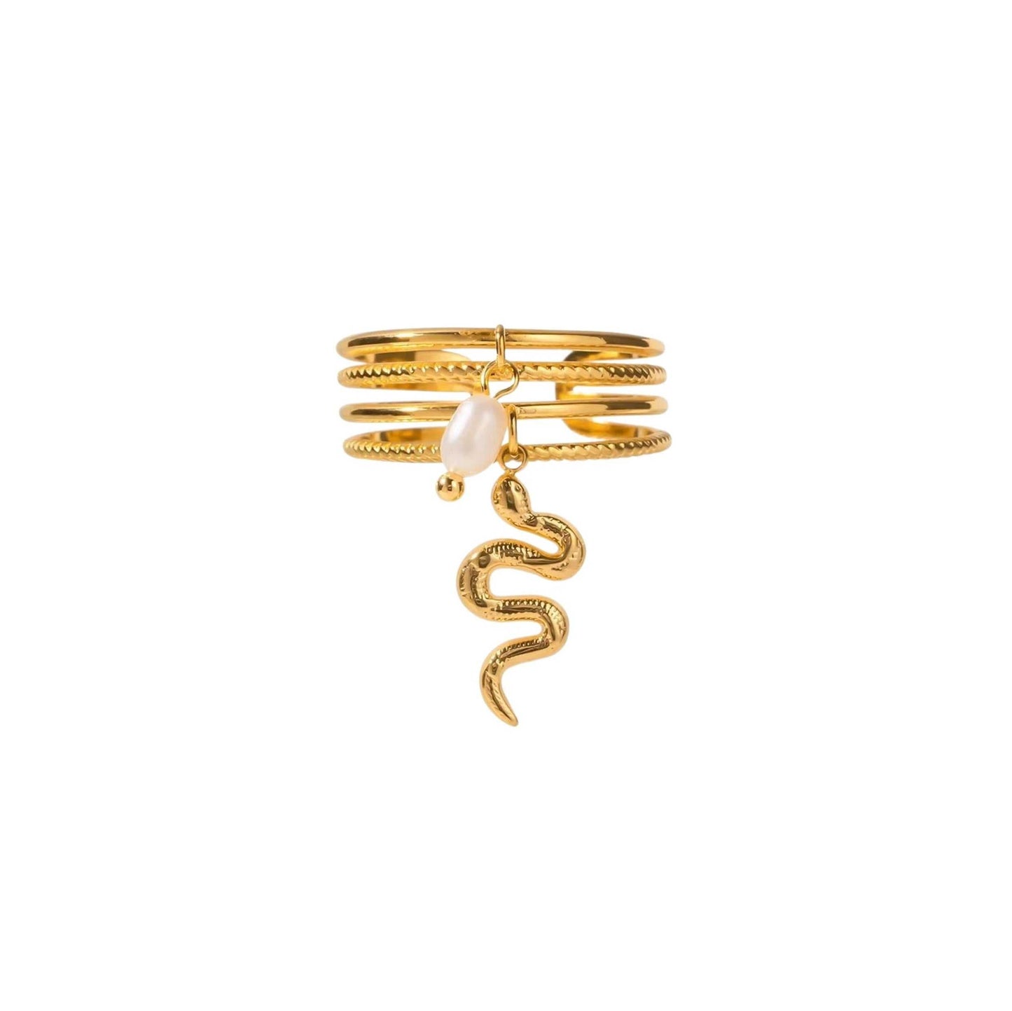 Gold Serpent Charm Ring with adjustable stacking design and playful serpent motif.