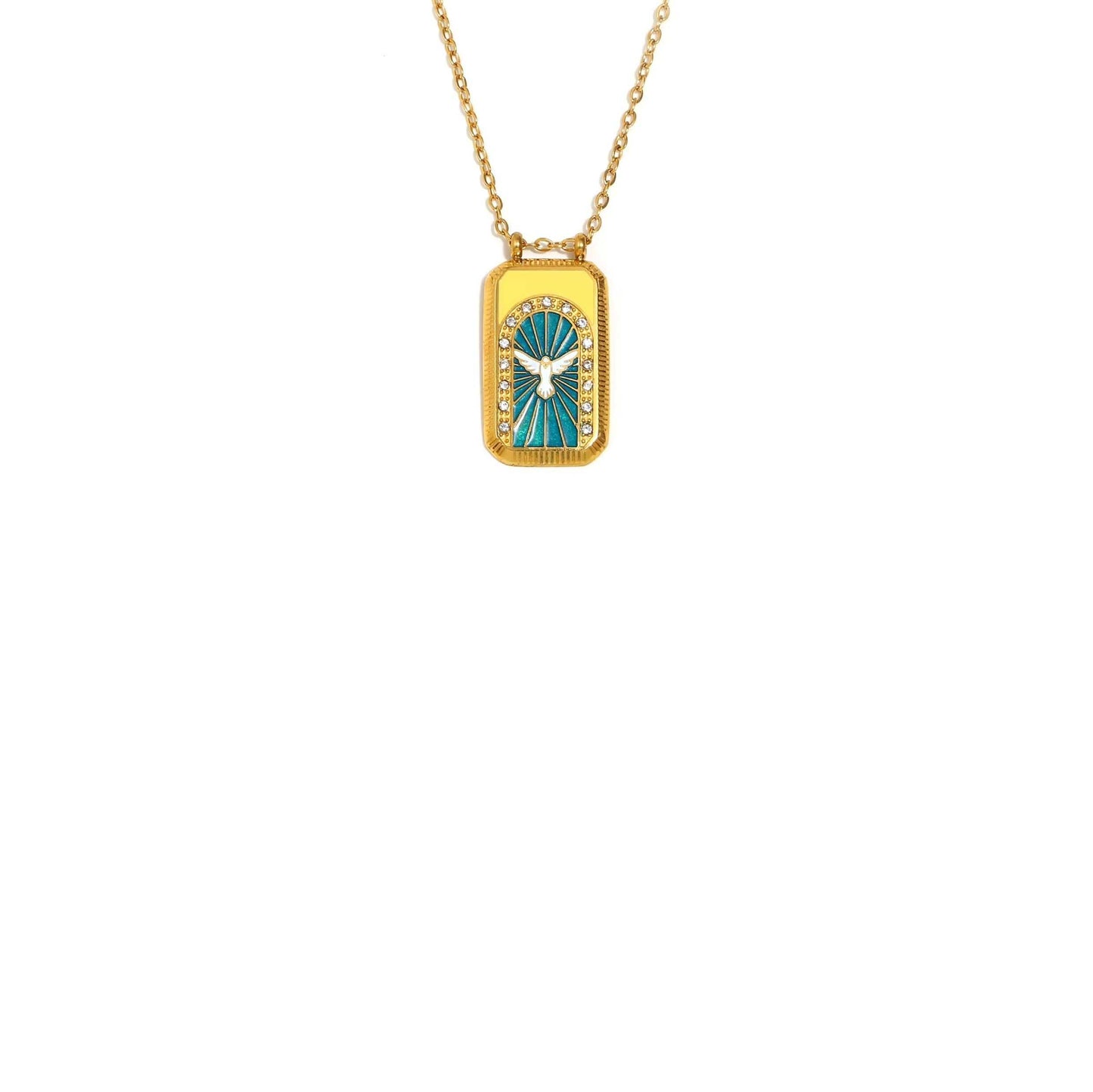 Gold White Dove CZ Tablet Necklace with enamel dove