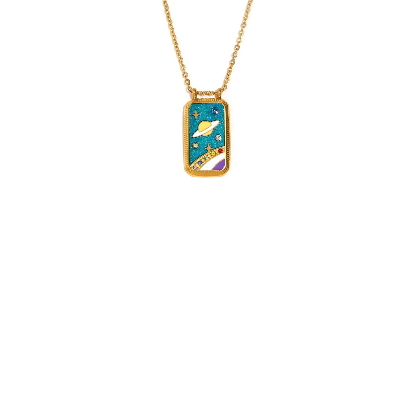 Gold Saturn CZ Tablet Necklace with enamel pendant