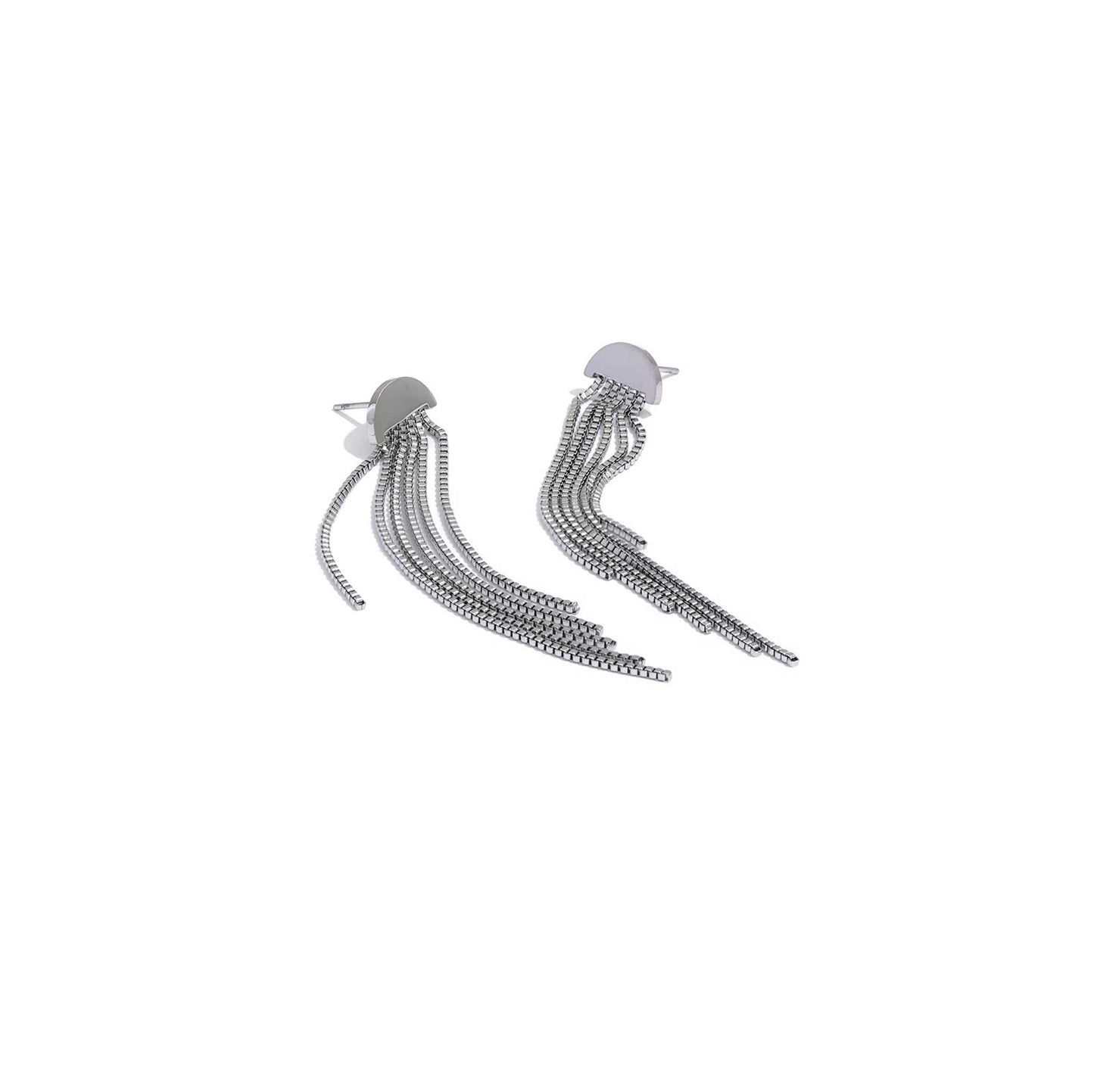 Silver tassel drop earrings with sleek chains, 75mm length.