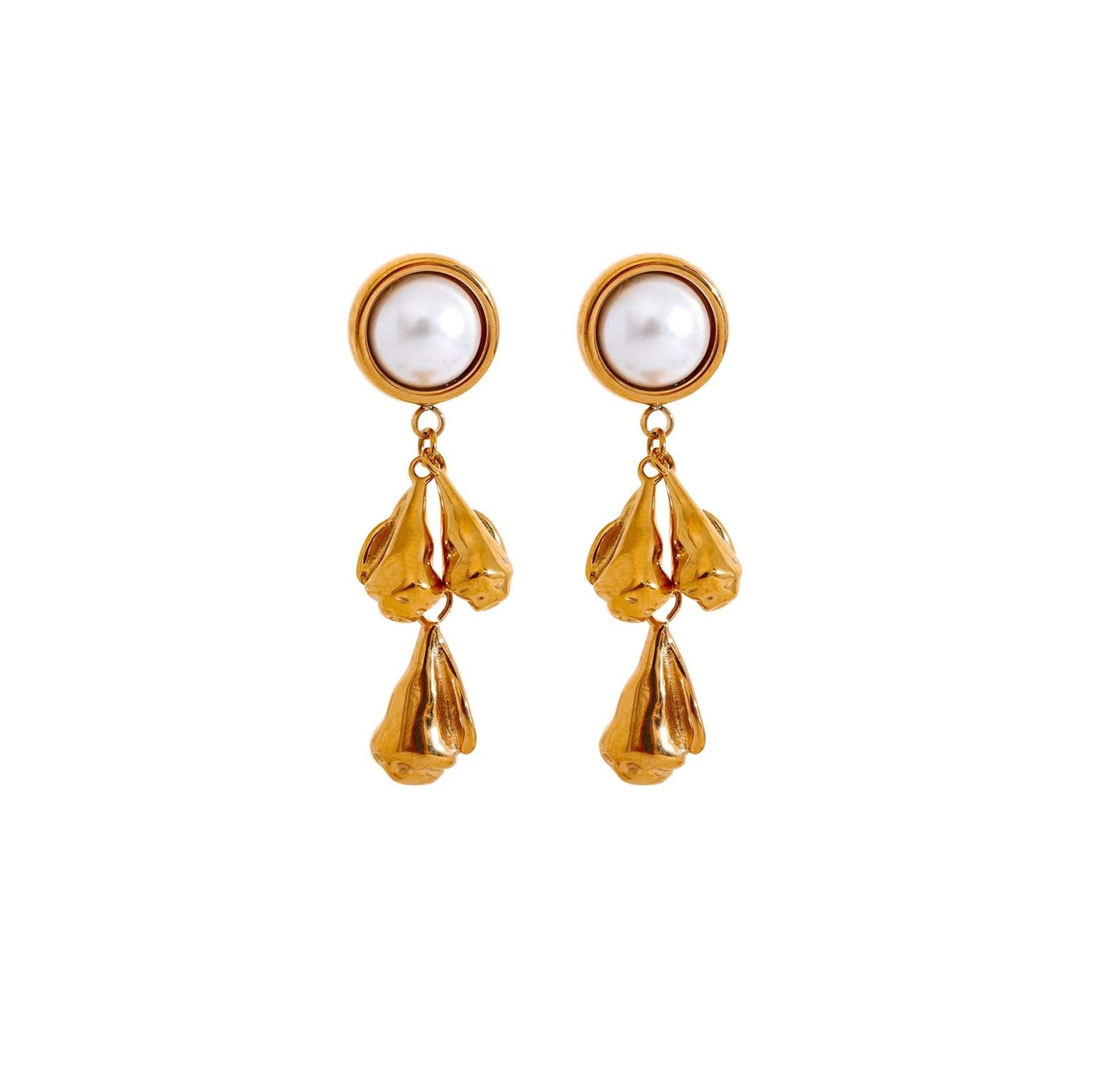 Gold Pearl Flower Drop Earrings with dangling pearls and unique flower design.
