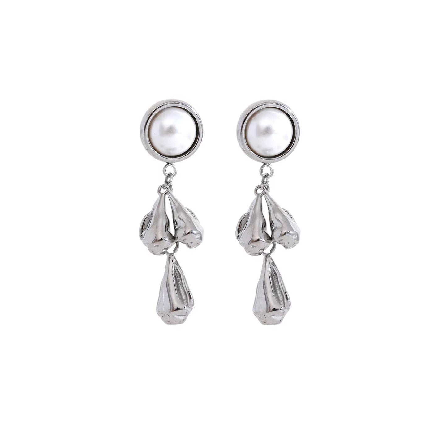 Silver pearl flower drop earrings with dangling pearls and unique floral design, 45mm length.