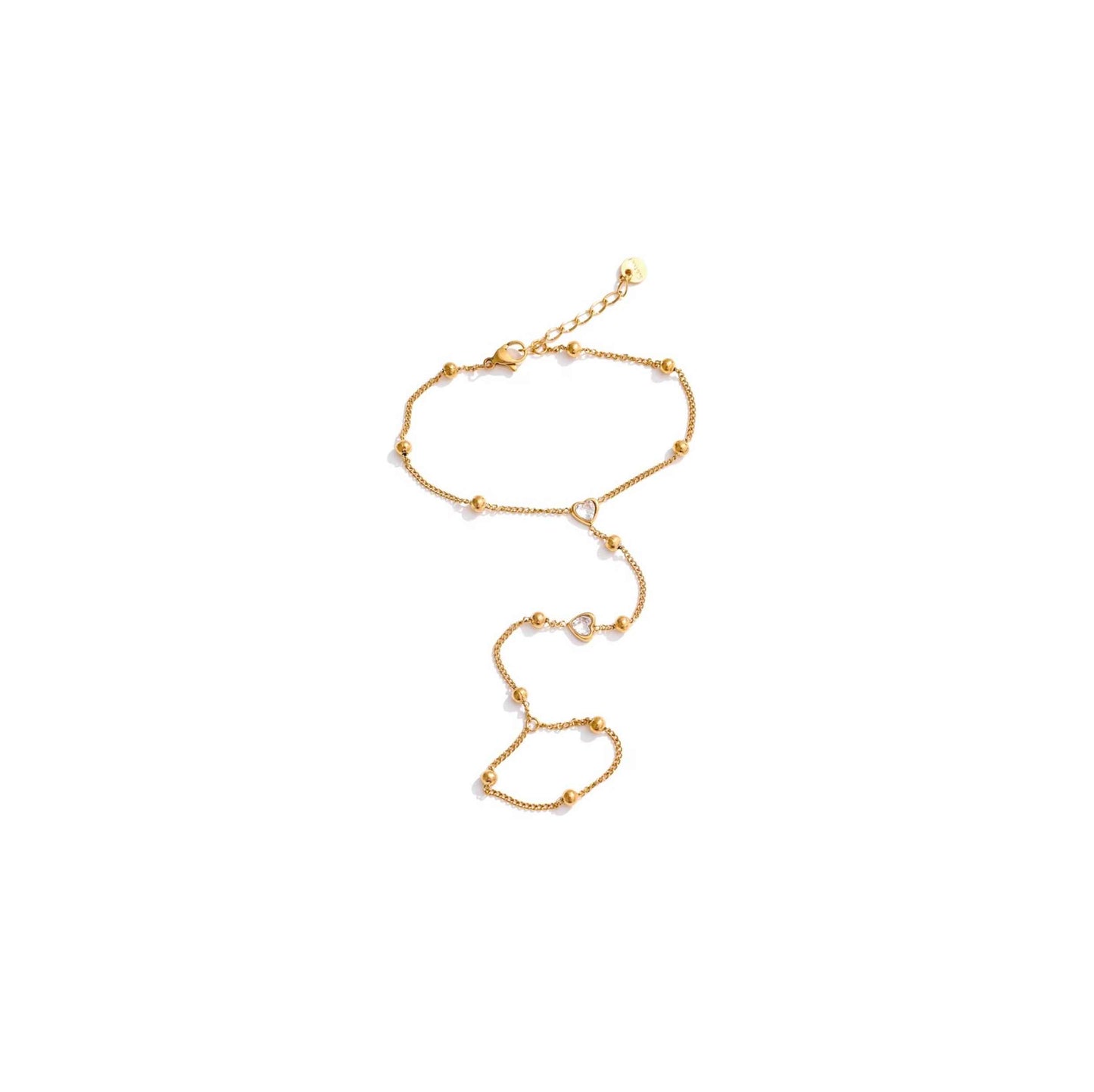 Gold heart beads hand chain with sparkling CZ hearts and delicate beads, 16cm wrist length with 5cm extender, perfect for layering.
