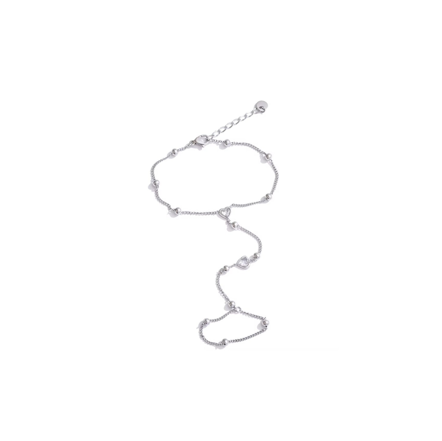 Silver heart beads hand chain with sparkling CZ hearts and delicate beads.