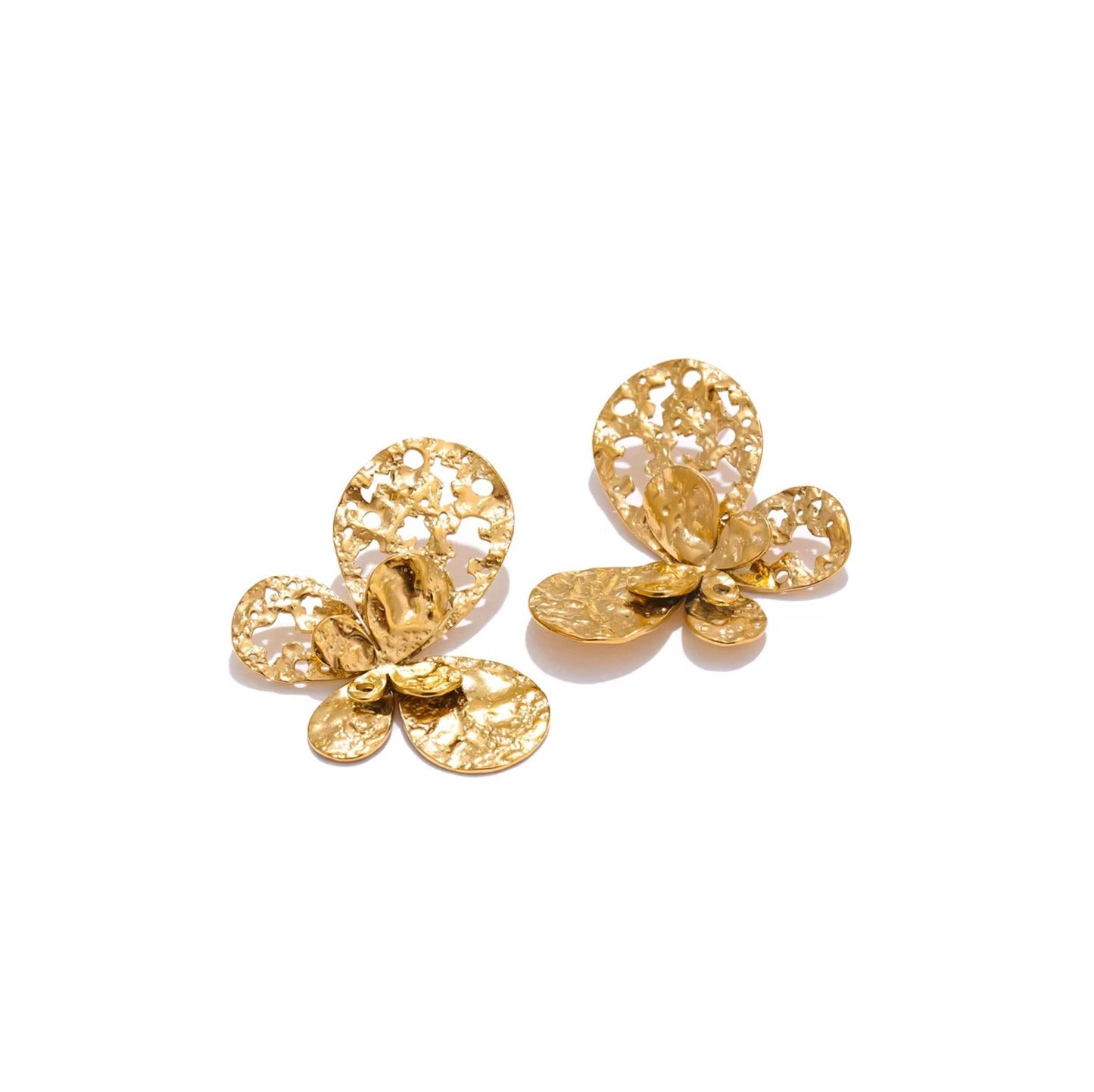 Gold butterfly cutout earrings with whimsical design, 45mm length.