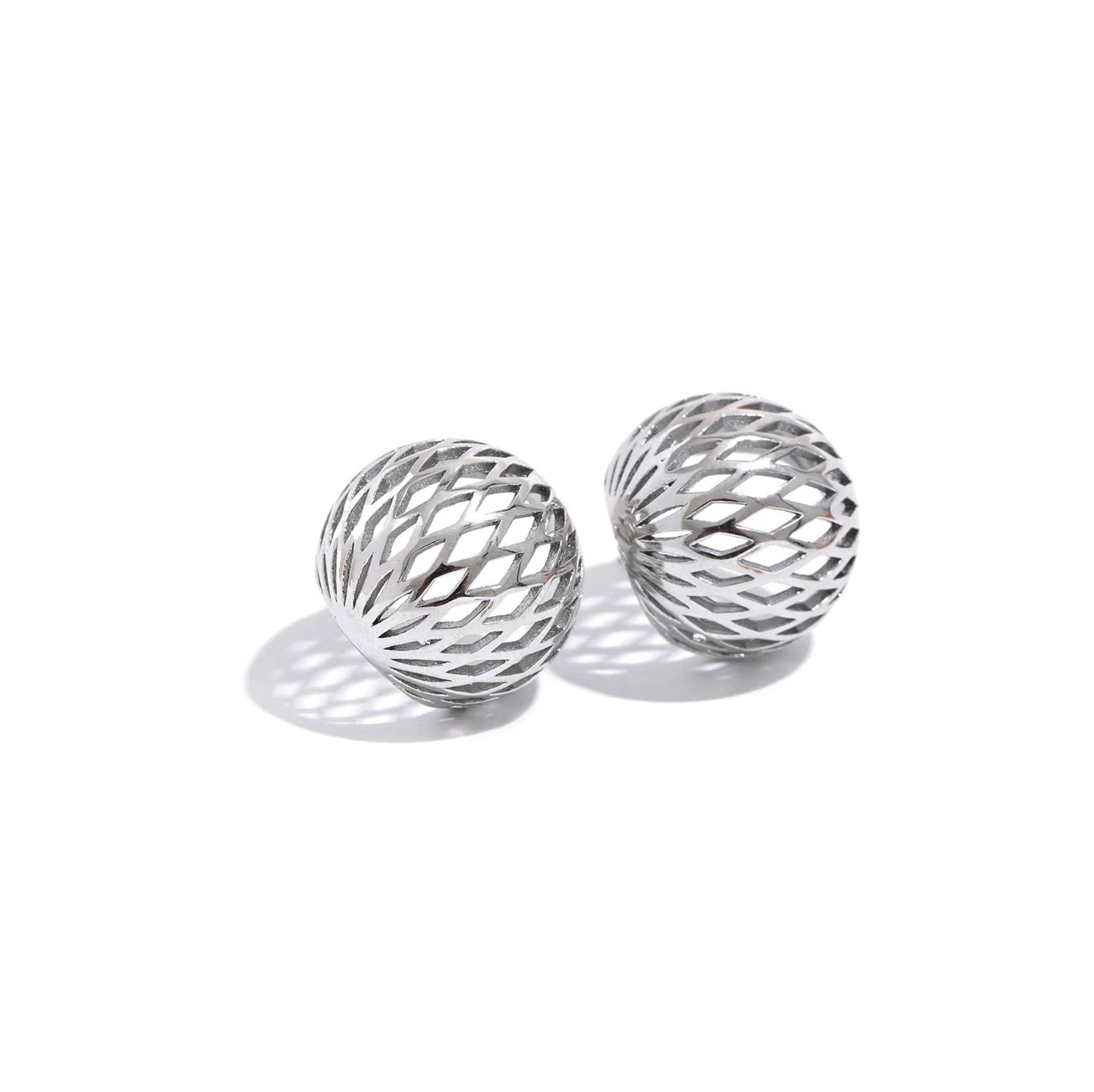 Silver geometric sphere earrings with unique design.