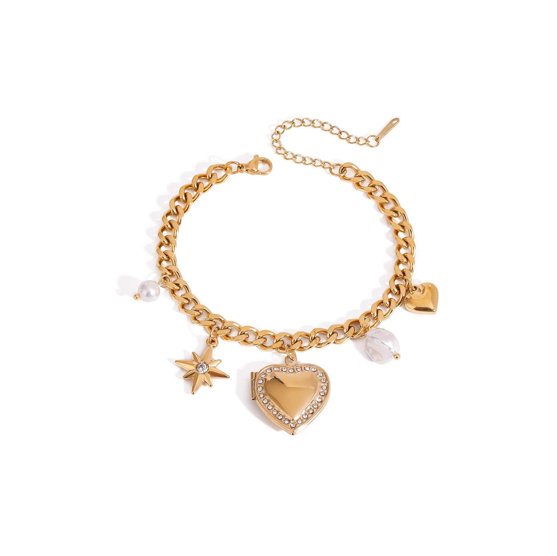 Gold North Star Heart Charm Bracelet with celestial and heart charms.