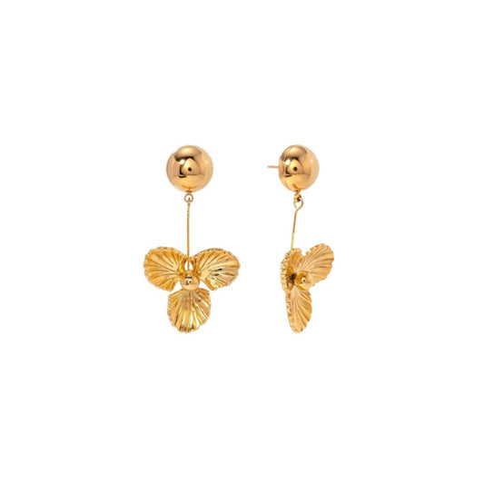 Gold flower drop earrings with delicate dangling flowers, 44mm in length.