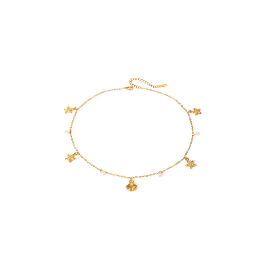 Gold seashell cable chain necklace with seashell and starfish charms.