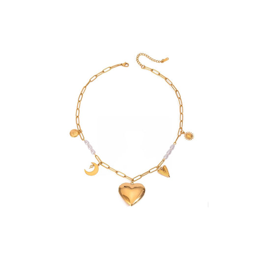 Gold Pearl Moon Sun Link Chain Necklace with charms of moons, stars, hearts, and pearls.