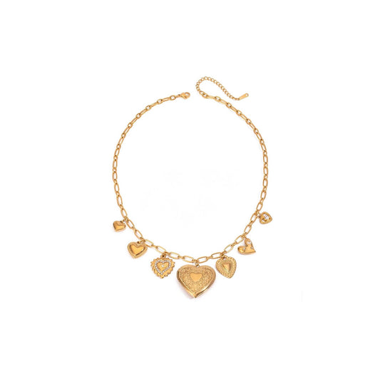 Gold hearts delight link chain necklace with heart-shaped charms.