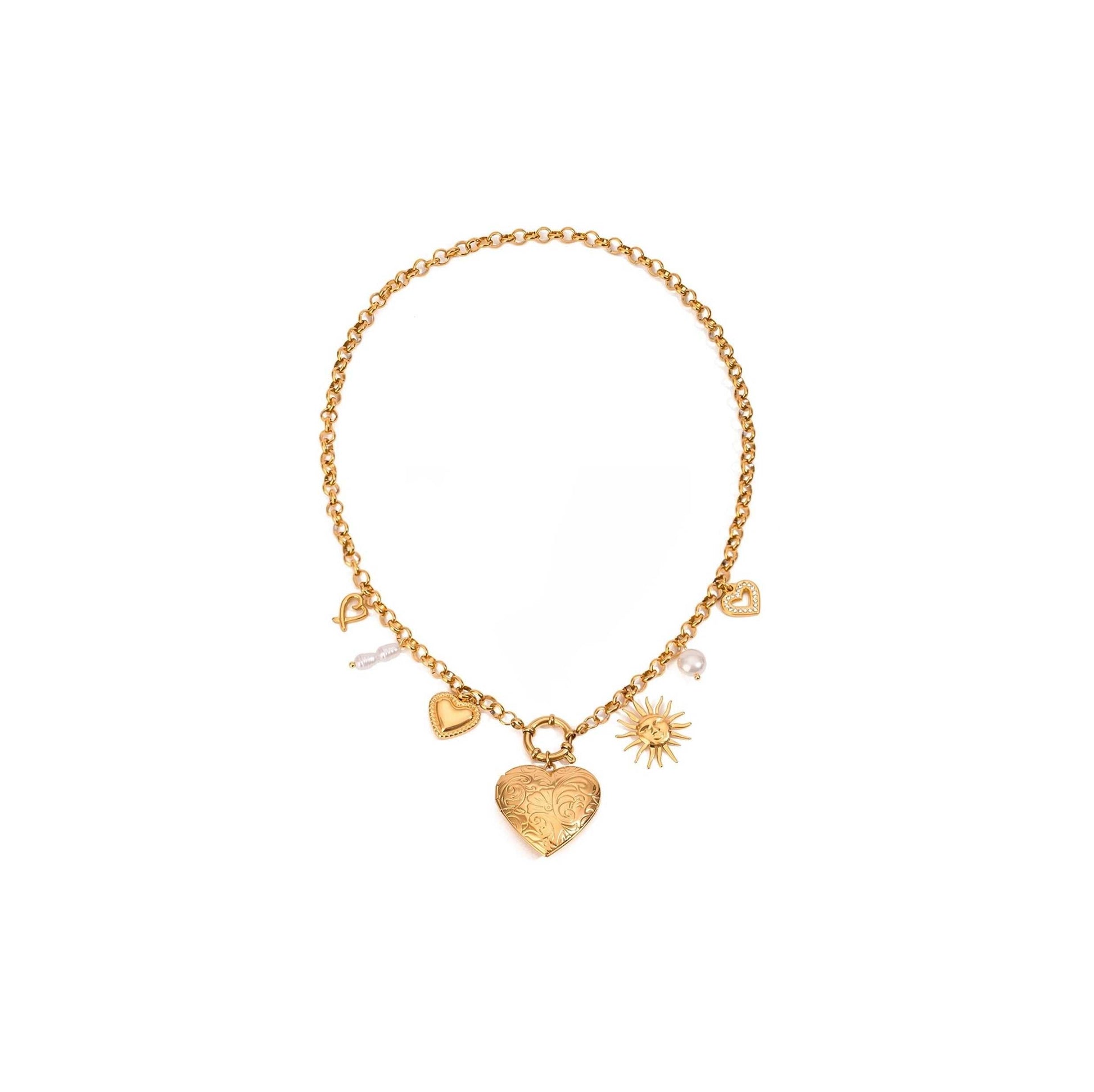 Gold Heart Sun Pearl Charm Necklace with rolo chain and charming pendants.