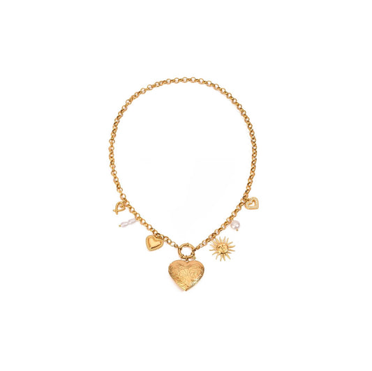 Gold Heart Sun Pearl Charm Necklace with rolo chain and charming pendants.