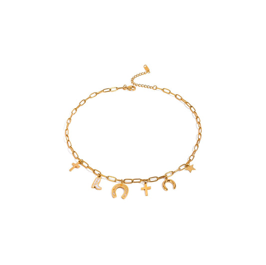 Gold Wild West link chain necklace with boot and horseshoe charms, stainless steel, 40cm chain length.