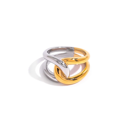 Mixed metal infinite ring with intertwined design showcasing silver and gold tones.