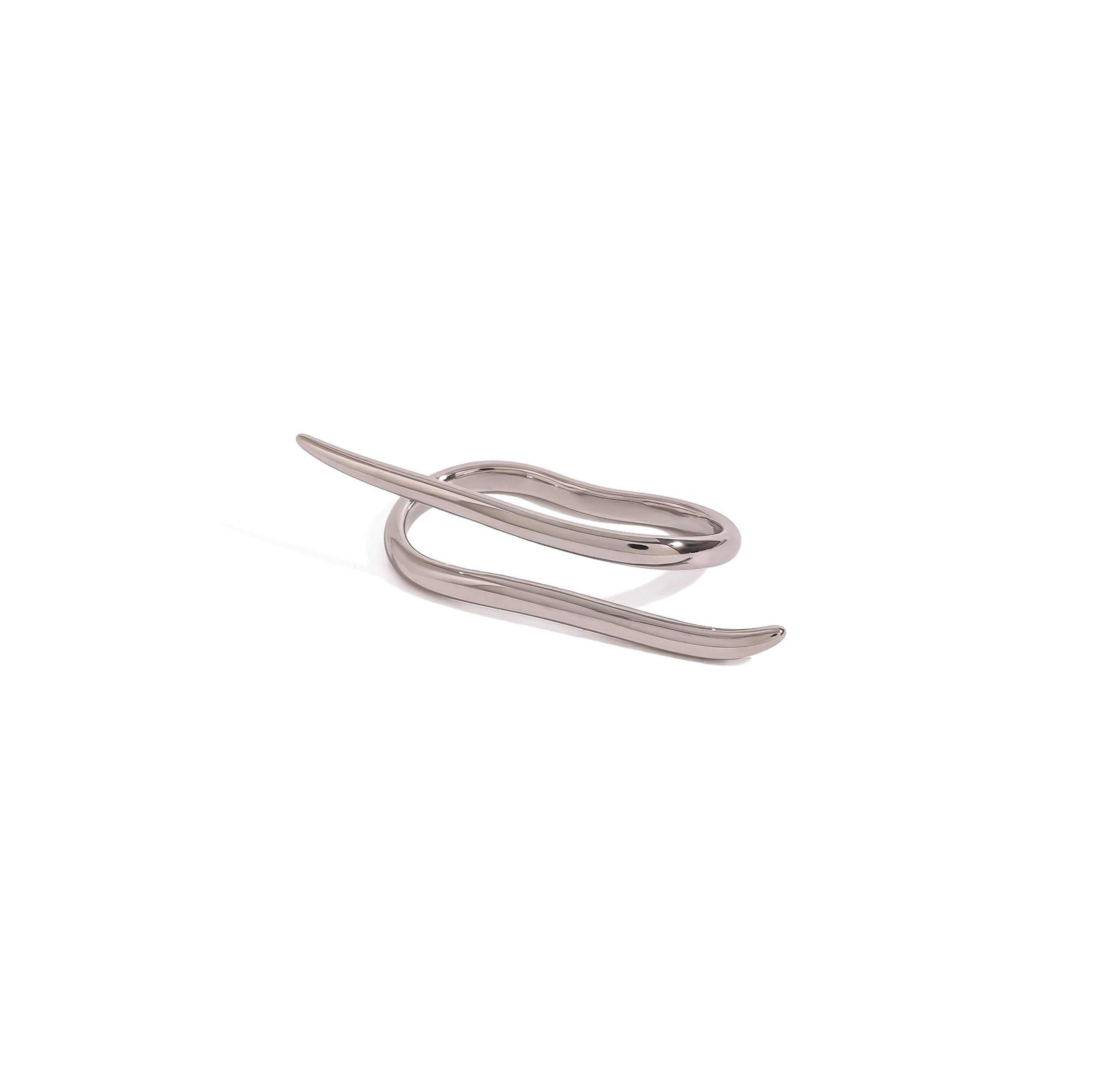 Silver Which Way two finger ring with a sleek, minimal design.