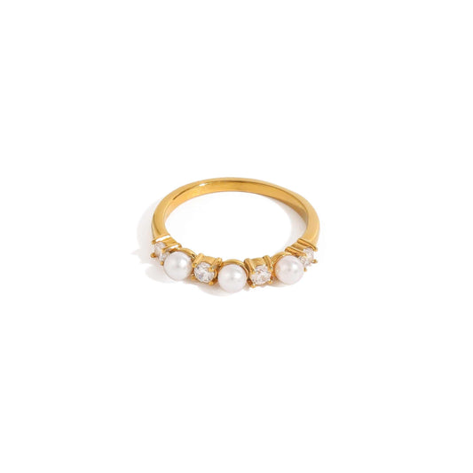 Gold CZ Pearl Ring with sparkling zircon stones and lustrous pearls.