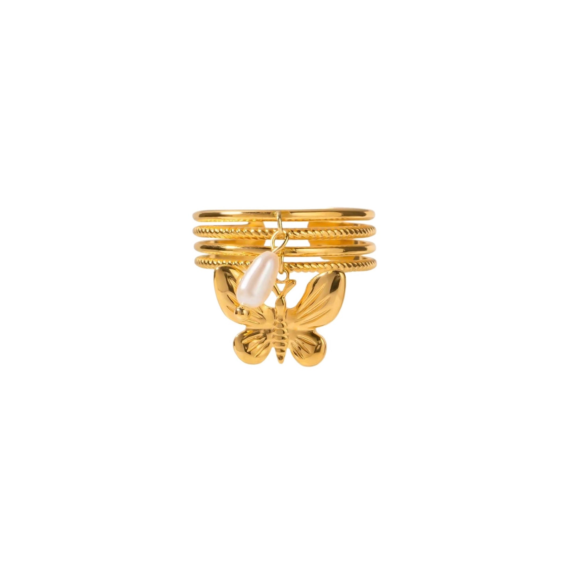 Gold butterfly charm ring with adjustable band for stacking.