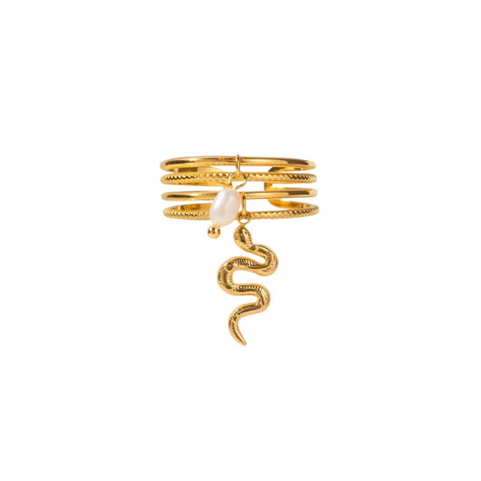 Gold Serpent Charm Ring with adjustable stacking design and playful serpent motif.
