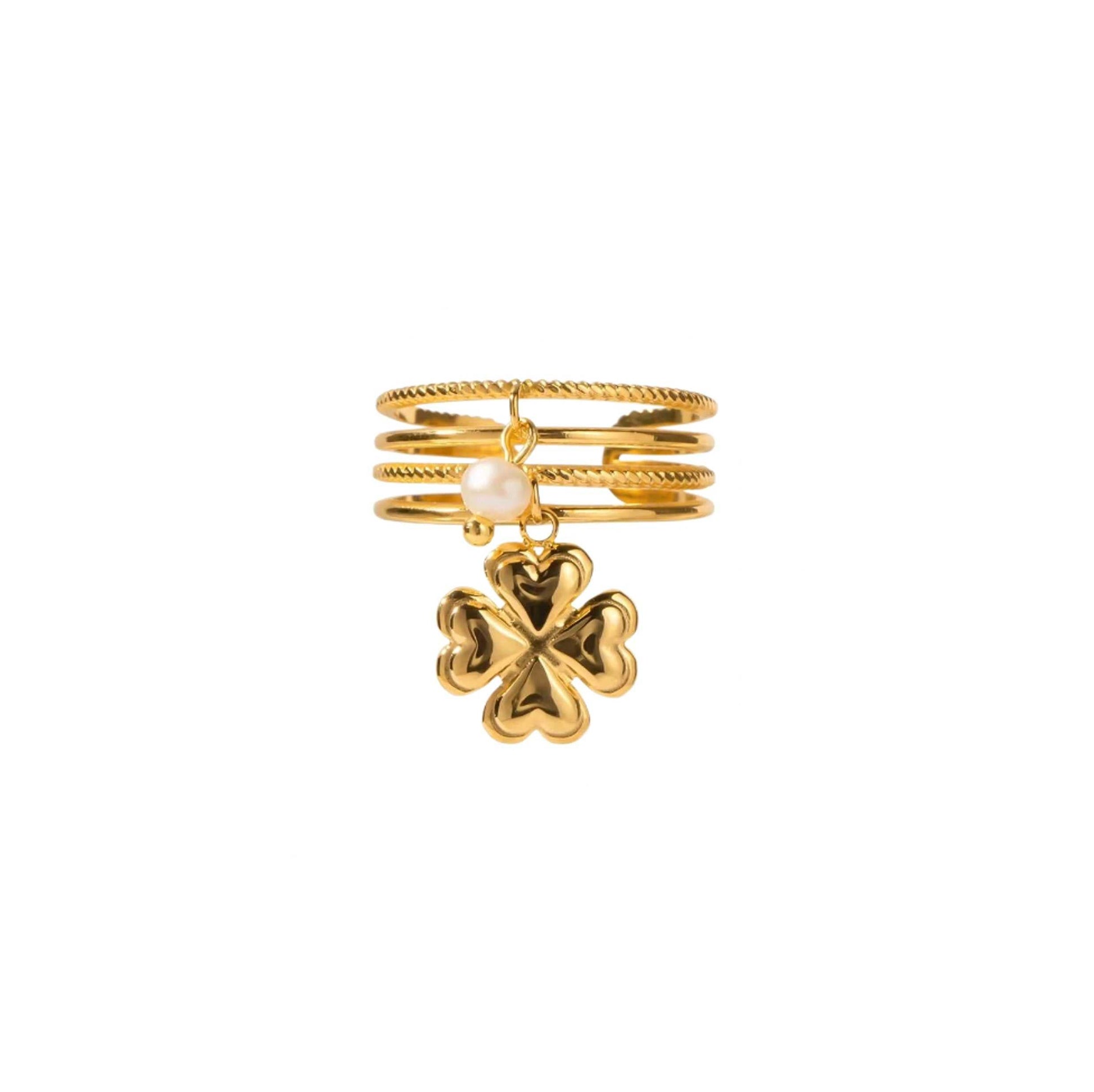 Gold 4 leaf clover charm ring with stackable design and adjustable fit.