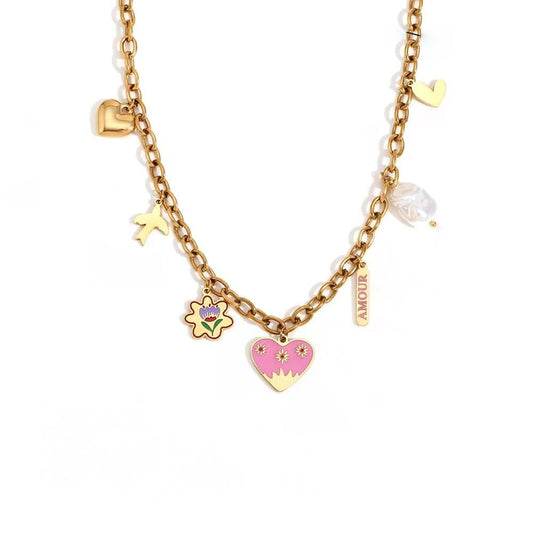 GOLD HEART FLOW ENAMEL CHARM NECKLACE