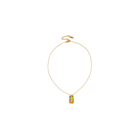 Gold Sunshine CZ tablet necklace with zircon pendant and red enamel heart.