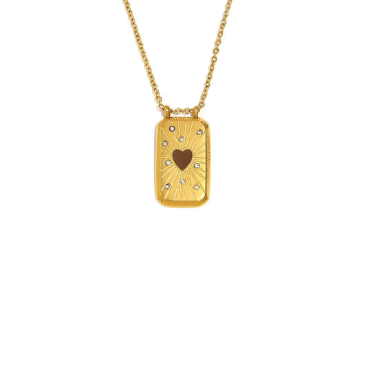GOLD BROWN HEART CZ TABLET NECKLACE