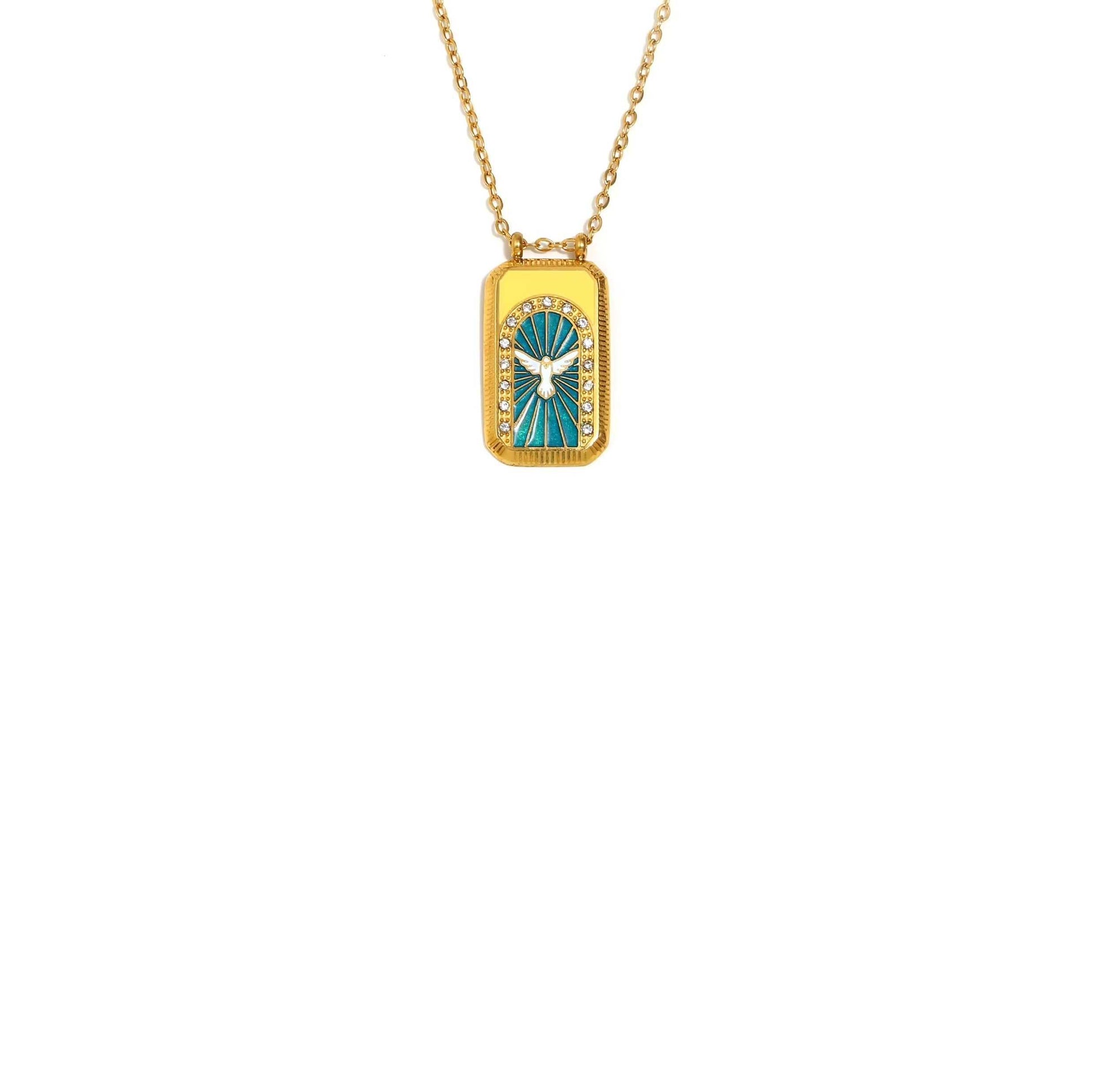 Gold White Dove CZ Tablet Necklace with enamel dove