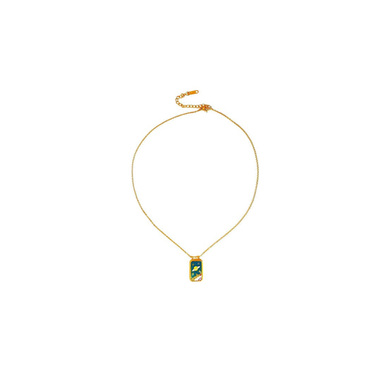 Gold Saturn CZ Tablet Necklace with enamel pendant and zircon accents on a 40cm chain plus extender.