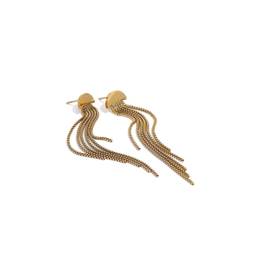 Gold Tassel Drop Earrings, elegant and playful, 75mm long, perfect for any occasion.