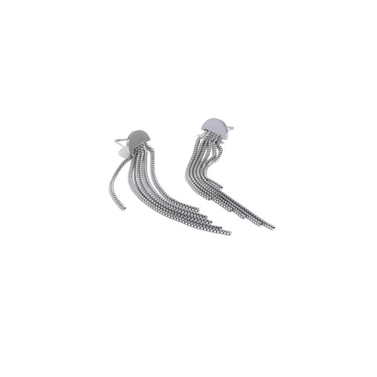Silver tassel drop earrings with sleek chains, 75mm length.