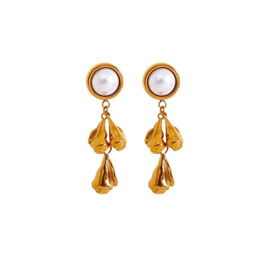 Gold Pearl Flower Drop Earrings with dangling pearls and unique flower design.