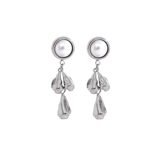Silver pearl flower drop earrings with dangling pearls and unique floral design, 45mm length.