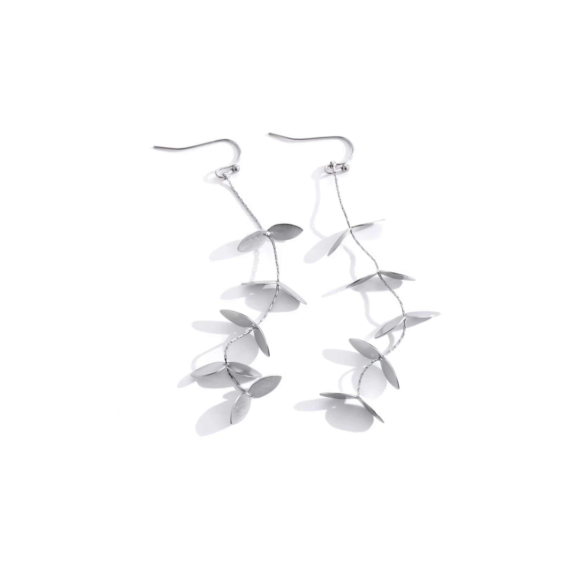 Silver leaf drop earrings with delicate leaf design, perfect for any occasion.