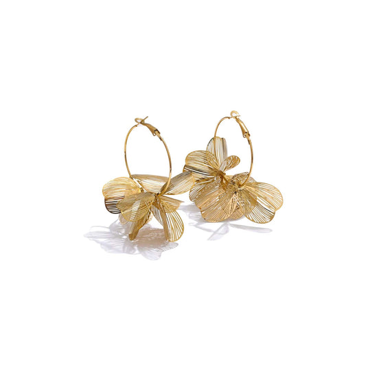 Gold flower hoop earrings with delicate floral petals, 70mm in length.