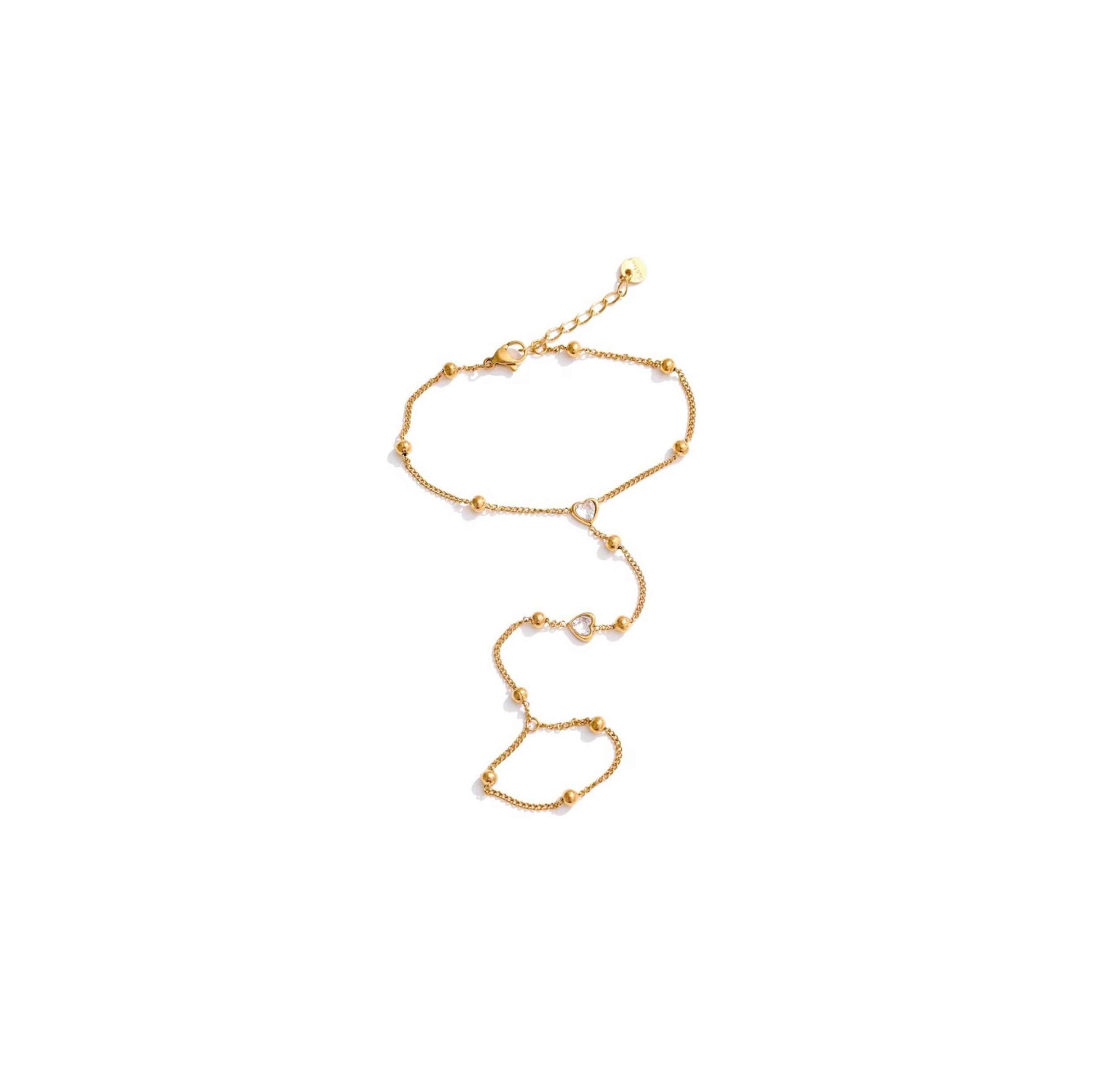 Gold heart beads hand chain with sparkling CZ hearts and delicate beads, 16cm wrist length with 5cm extender, perfect for layering.