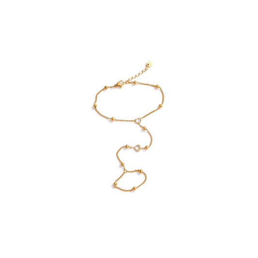 Gold heart beads hand chain with sparkling CZ hearts and delicate beads, 16cm wrist length with 5cm extender, perfect for layering.
