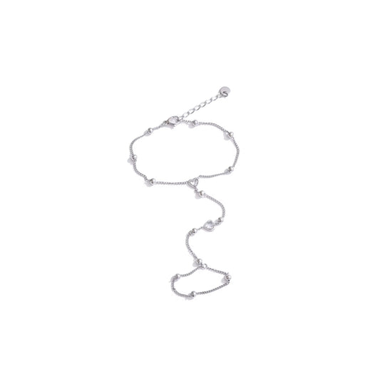 Silver heart beads hand chain with sparkling CZ hearts and delicate beads.