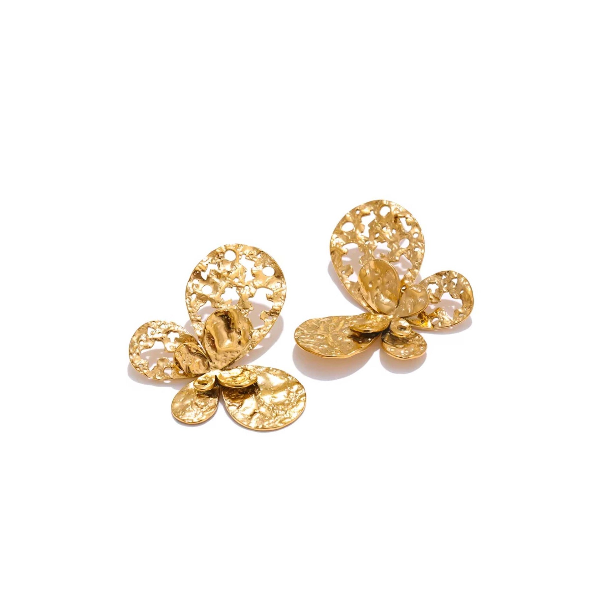 Gold butterfly cutout earrings with whimsical design, 45mm length.